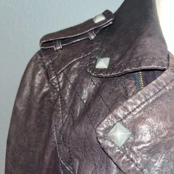 Y - INN GENUINE LEATHER CHOCOLATE BROWN LEATHER MOTO JACKET - STUDDED - EU 48 - Picture 4 of 14